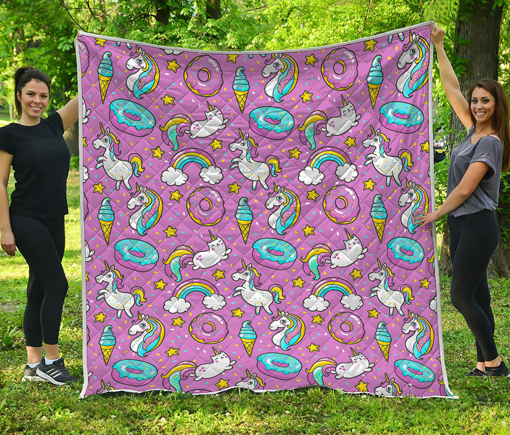 Pink Girly Unicorn Donut Pattern Print Quilt