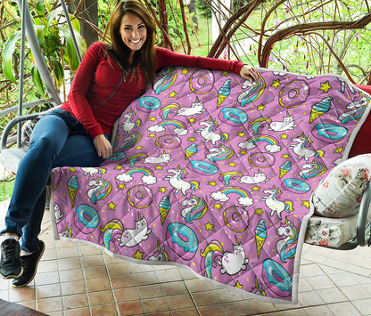 Pink Girly Unicorn Donut Pattern Print Quilt
