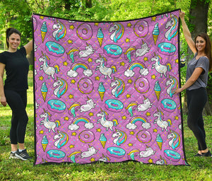 Pink Girly Unicorn Donut Pattern Print Quilt