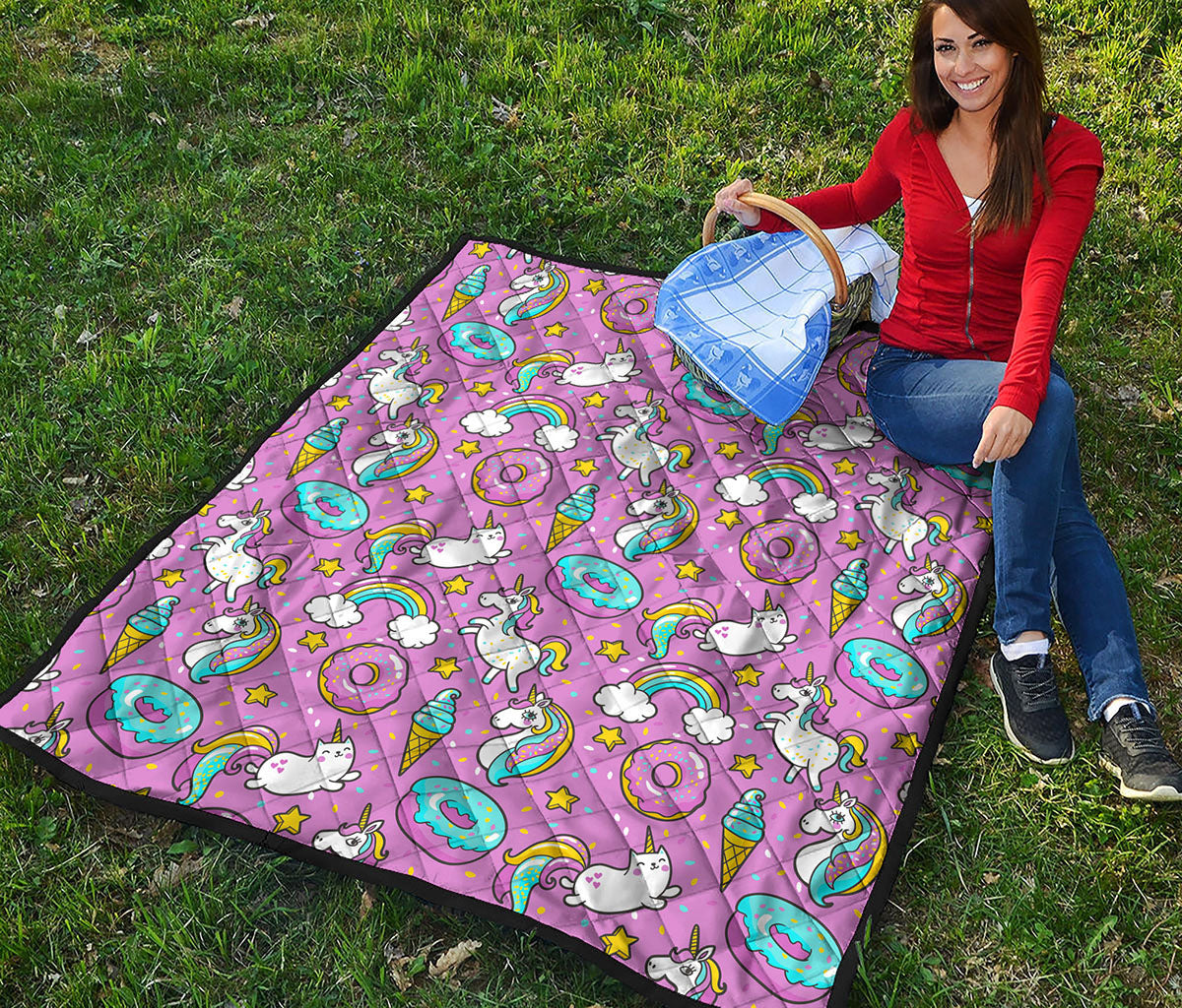 Pink Girly Unicorn Donut Pattern Print Quilt