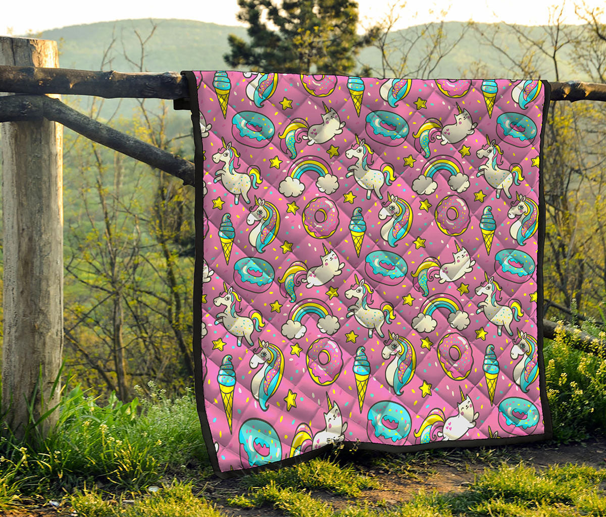 Pink Girly Unicorn Donut Pattern Print Quilt