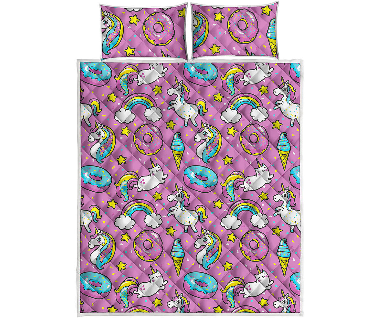 Pink Girly Unicorn Donut Pattern Print Quilt Bed Set