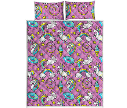 Pink Girly Unicorn Donut Pattern Print Quilt Bed Set