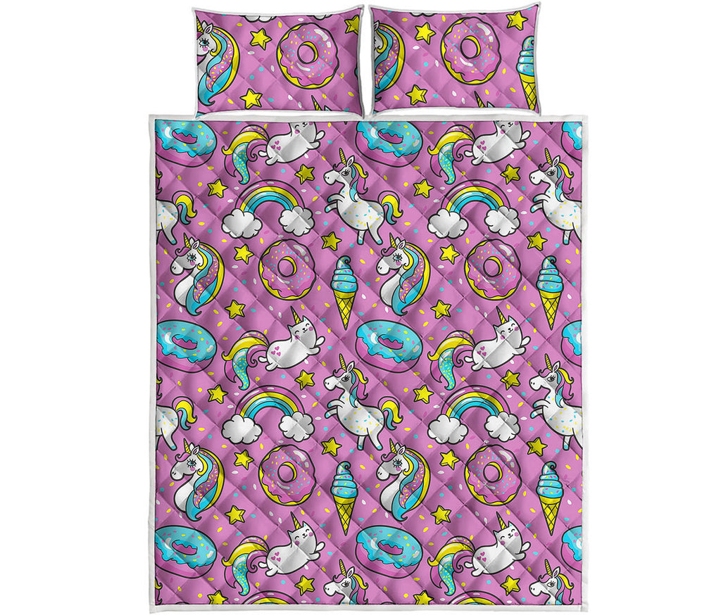 Pink Girly Unicorn Donut Pattern Print Quilt Bed Set