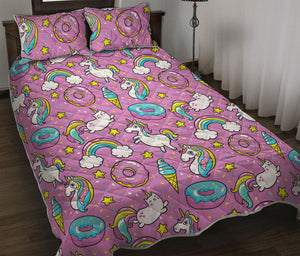 Pink Girly Unicorn Donut Pattern Print Quilt Bed Set