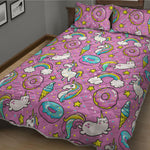 Pink Girly Unicorn Donut Pattern Print Quilt Bed Set