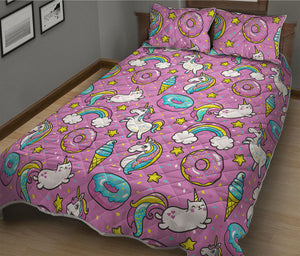 Pink Girly Unicorn Donut Pattern Print Quilt Bed Set