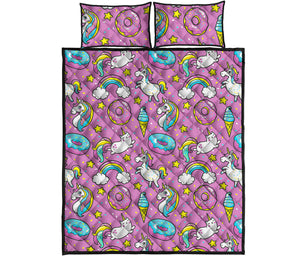 Pink Girly Unicorn Donut Pattern Print Quilt Bed Set