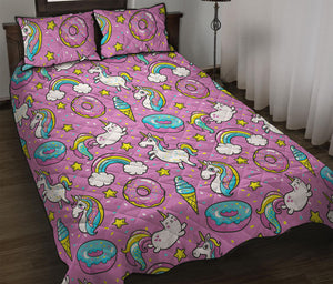 Pink Girly Unicorn Donut Pattern Print Quilt Bed Set