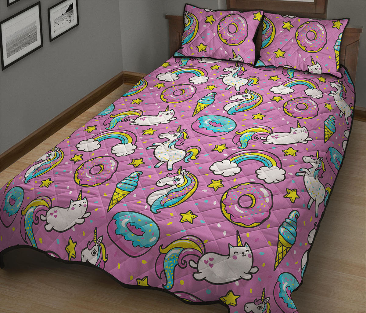 Pink Girly Unicorn Donut Pattern Print Quilt Bed Set