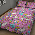 Pink Girly Unicorn Donut Pattern Print Quilt Bed Set