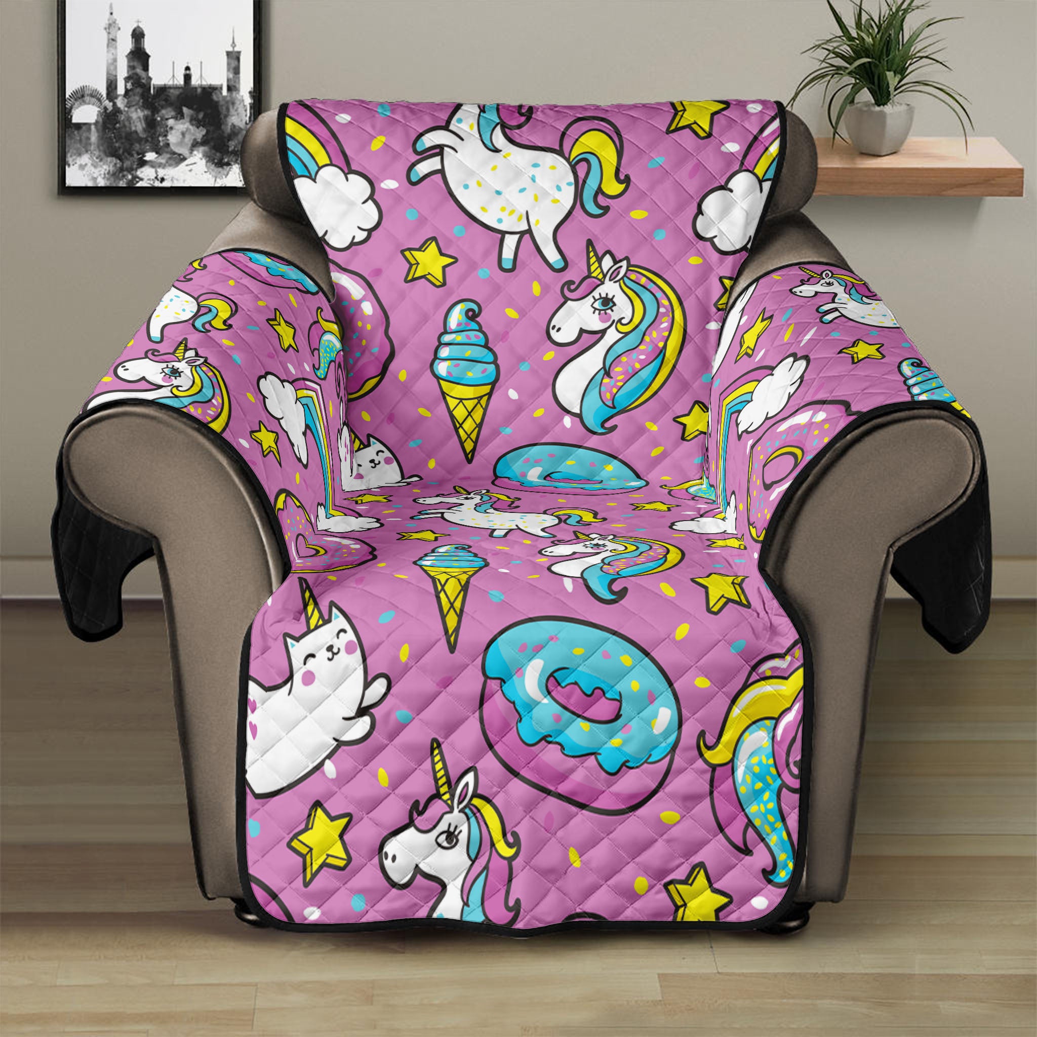 Pink Girly Unicorn Donut Pattern Print Recliner Protector