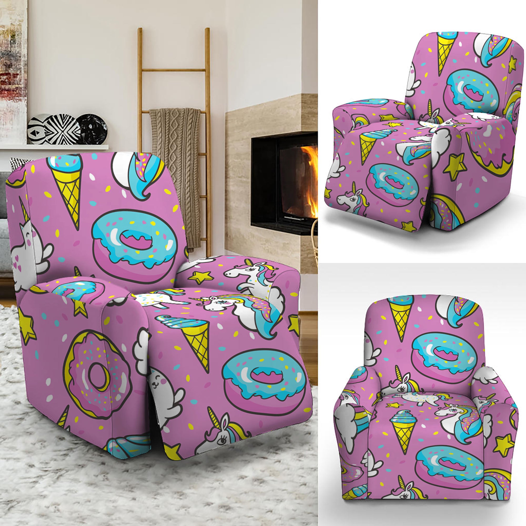 Pink Girly Unicorn Donut Pattern Print Recliner Slipcover