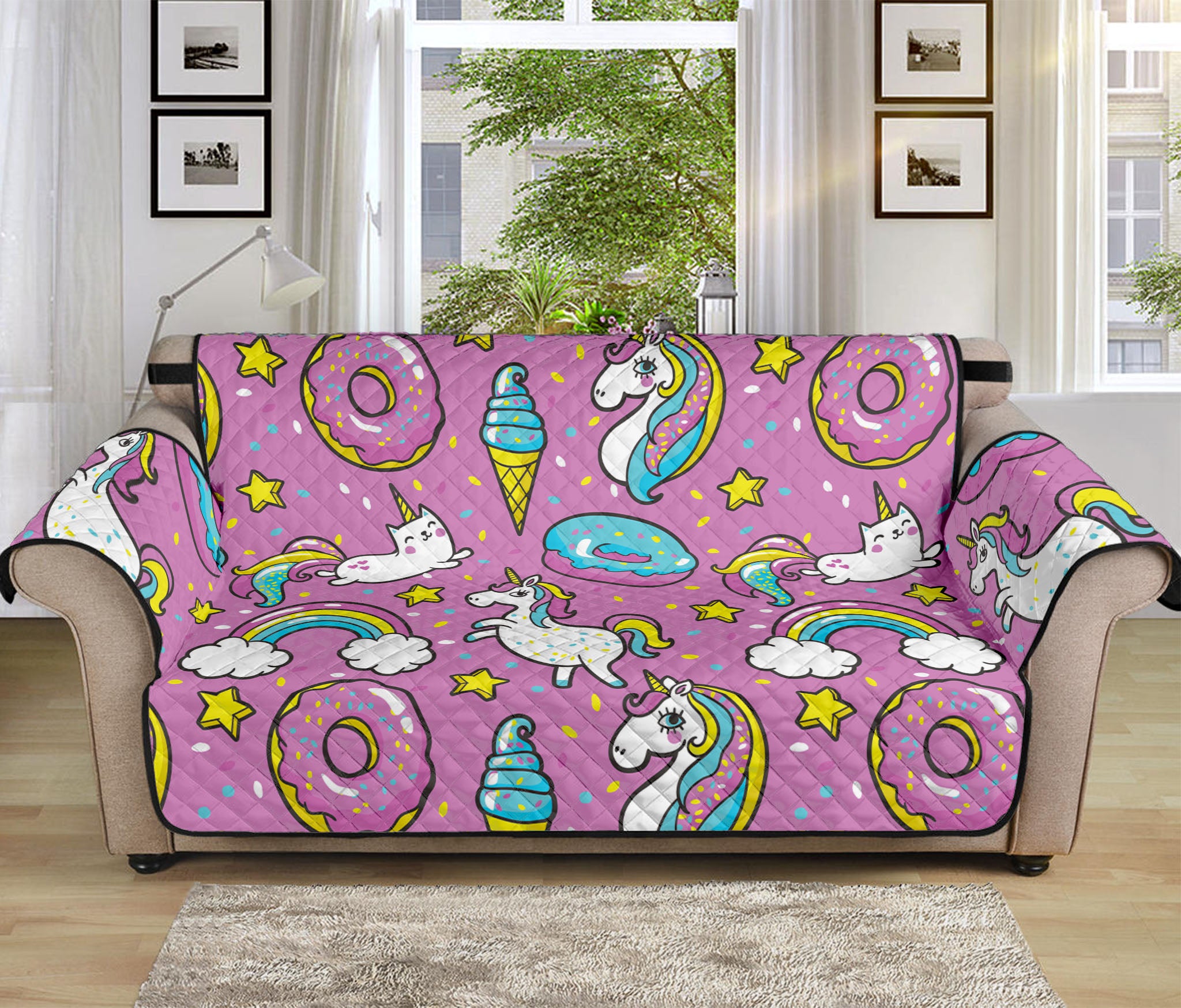 Pink Girly Unicorn Donut Pattern Print Sofa Protector