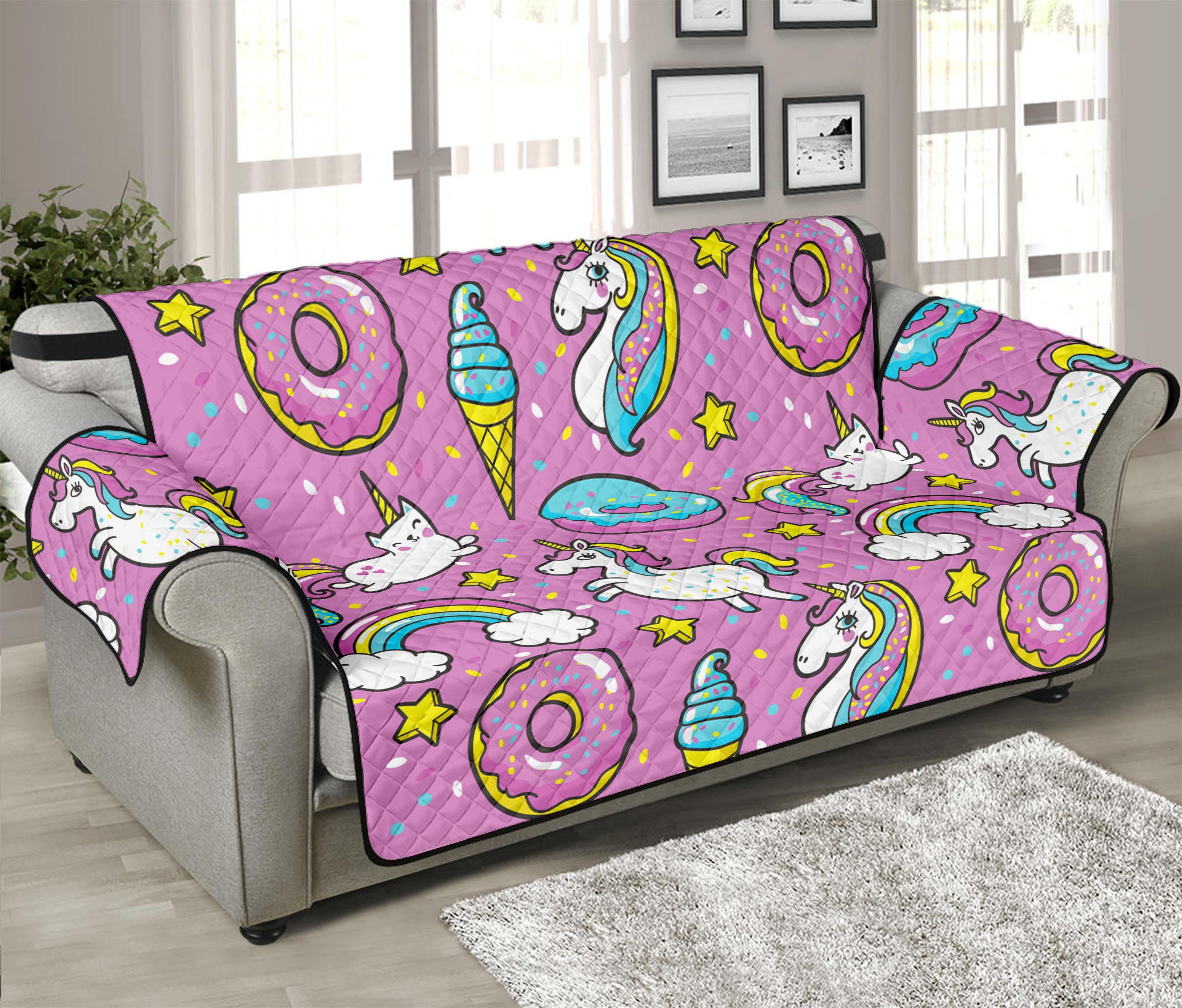 Pink Girly Unicorn Donut Pattern Print Sofa Protector