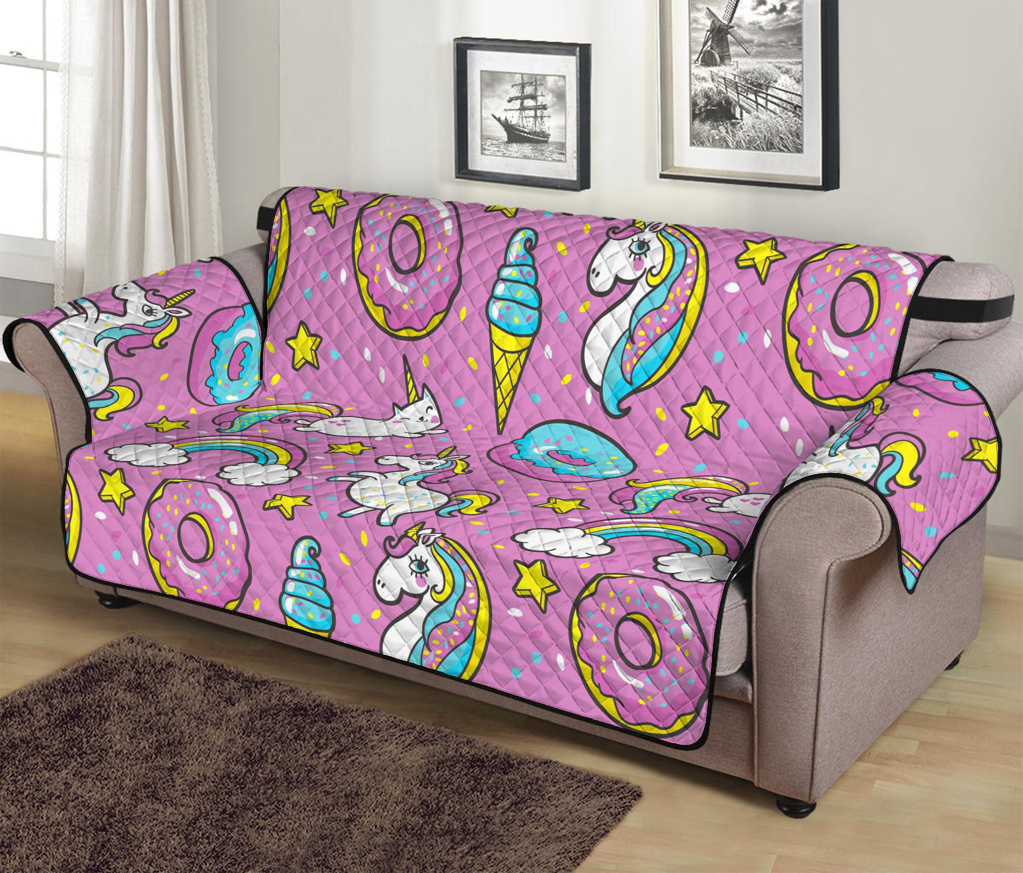 Pink Girly Unicorn Donut Pattern Print Sofa Protector