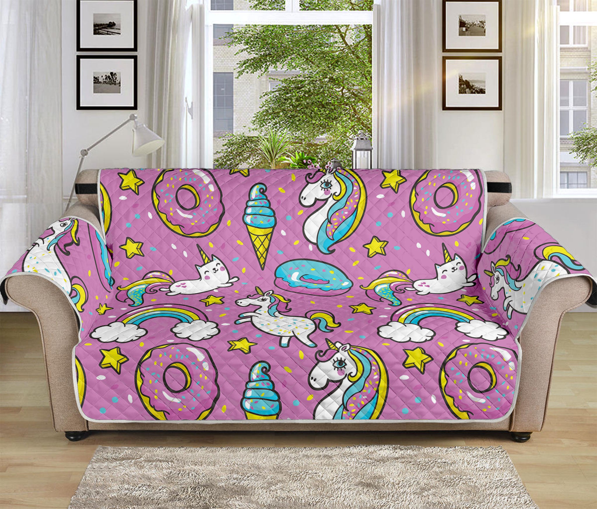 Pink Girly Unicorn Donut Pattern Print Sofa Protector