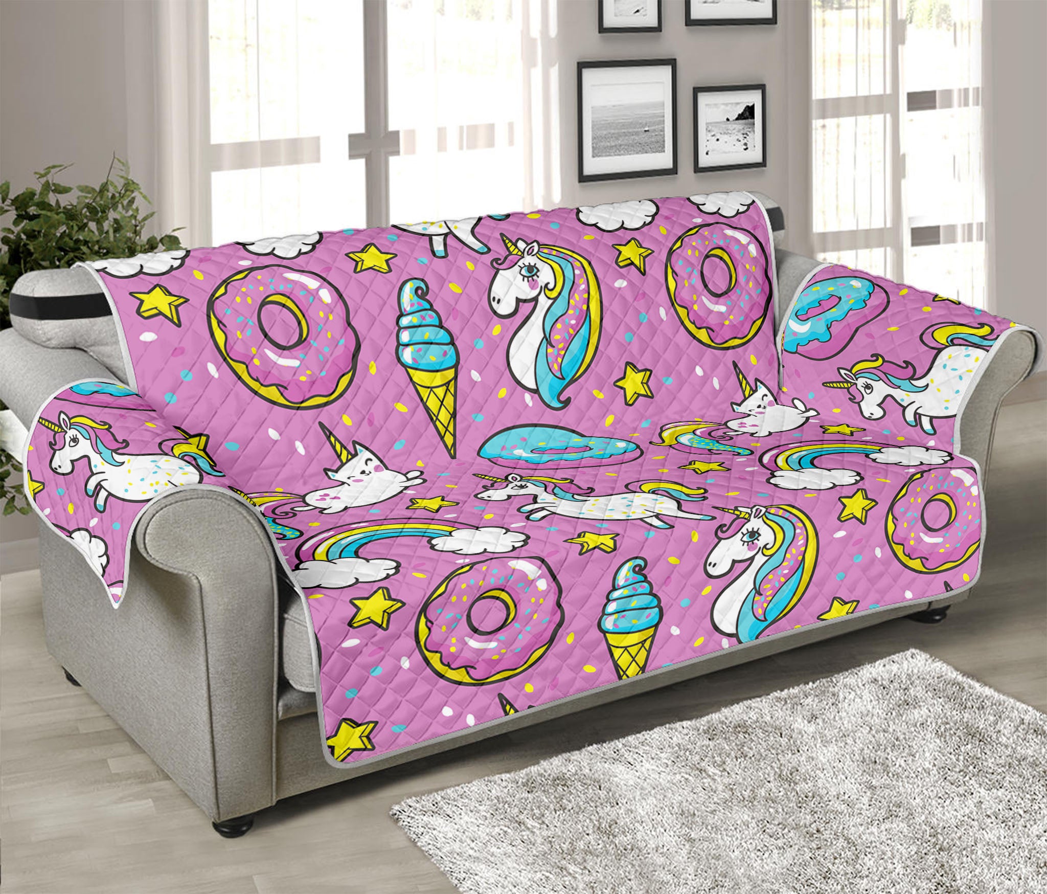 Pink Girly Unicorn Donut Pattern Print Sofa Protector