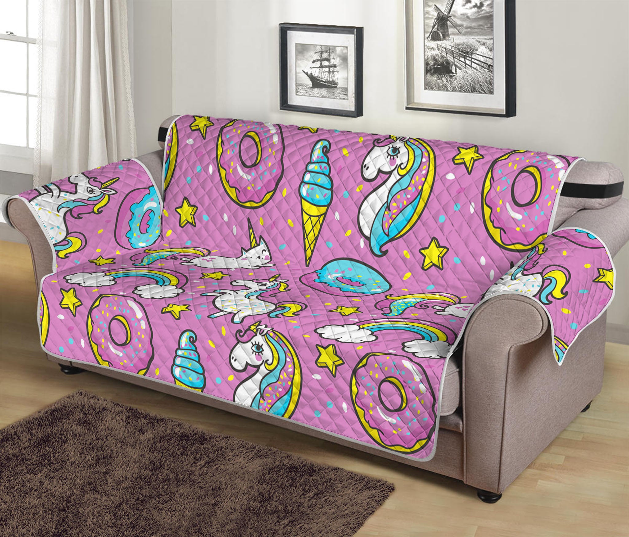 Pink Girly Unicorn Donut Pattern Print Sofa Protector