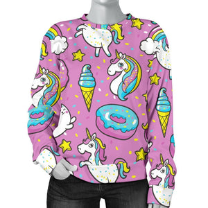 Pink Girly Unicorn Donut Pattern Print Women's Crewneck Sweatshirt GearFrost