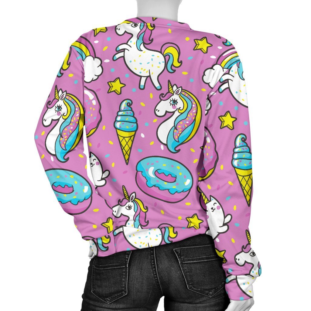 Pink Girly Unicorn Donut Pattern Print Women's Crewneck Sweatshirt GearFrost