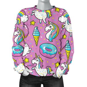 Pink Girly Unicorn Donut Pattern Print Women's Crewneck Sweatshirt GearFrost