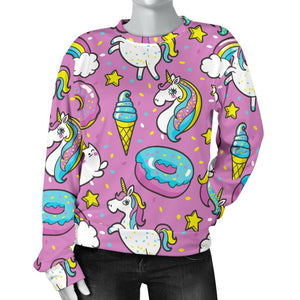 Pink Girly Unicorn Donut Pattern Print Women's Crewneck Sweatshirt GearFrost