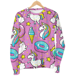 Pink Girly Unicorn Donut Pattern Print Women's Crewneck Sweatshirt GearFrost