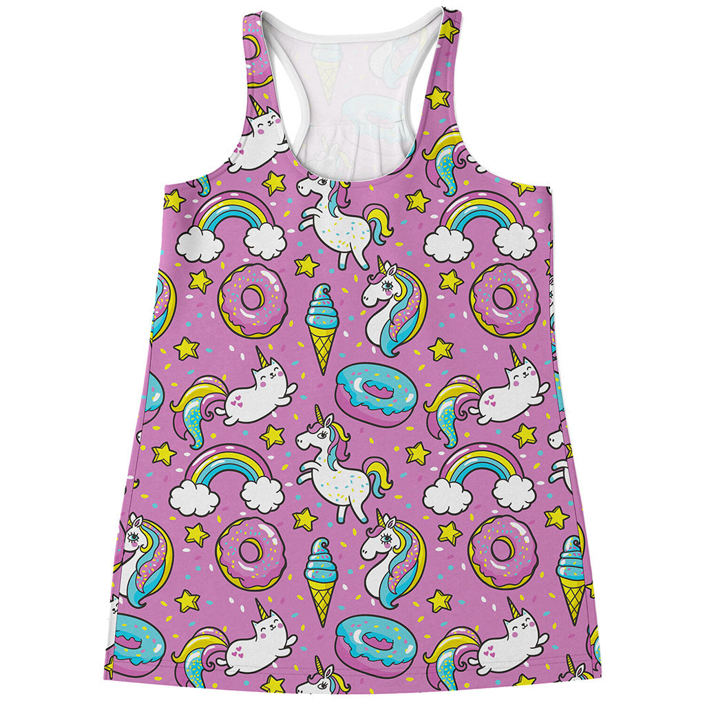 Pink Girly Unicorn Donut Pattern Print Women's Racerback Tank Top
