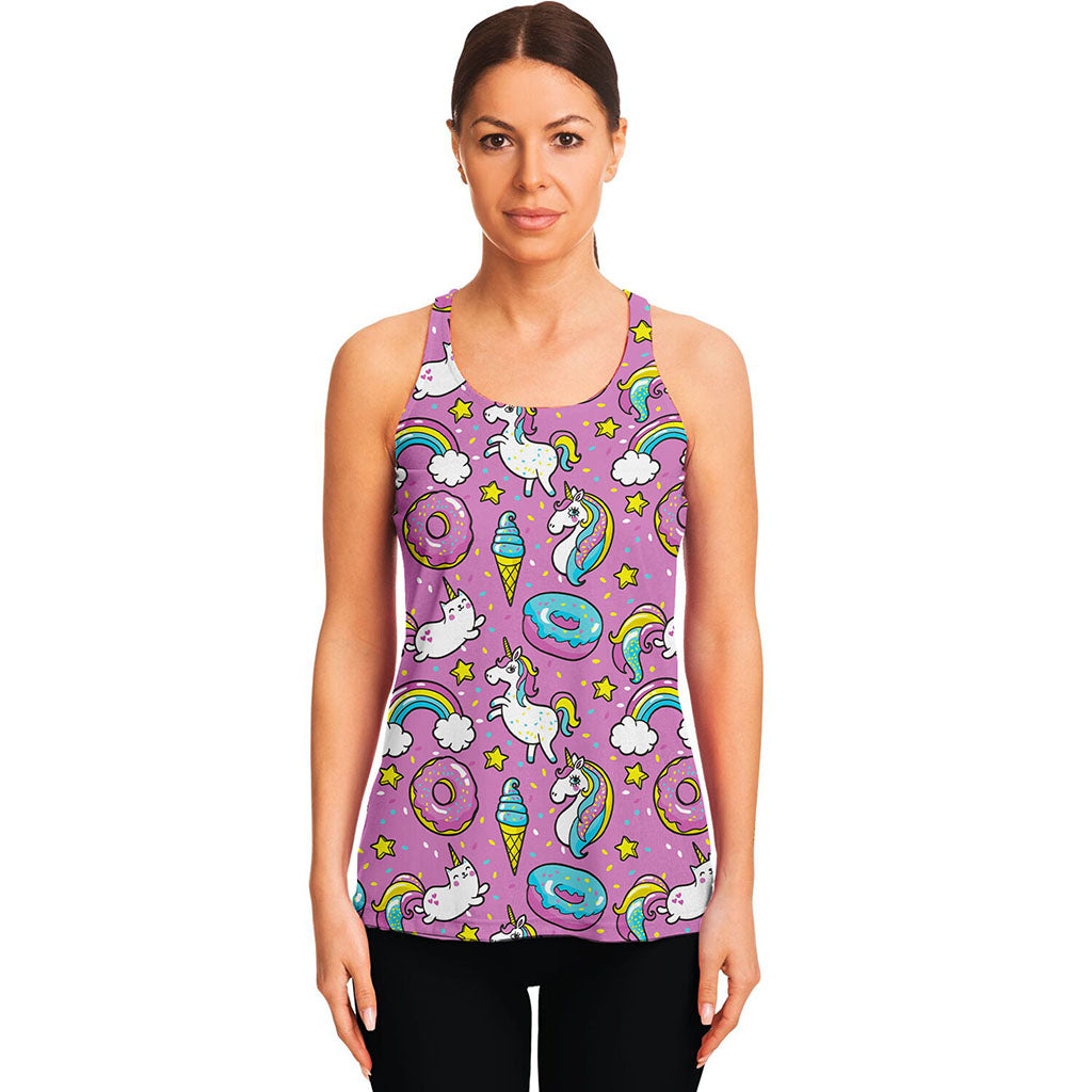 Pink Girly Unicorn Donut Pattern Print Women's Racerback Tank Top