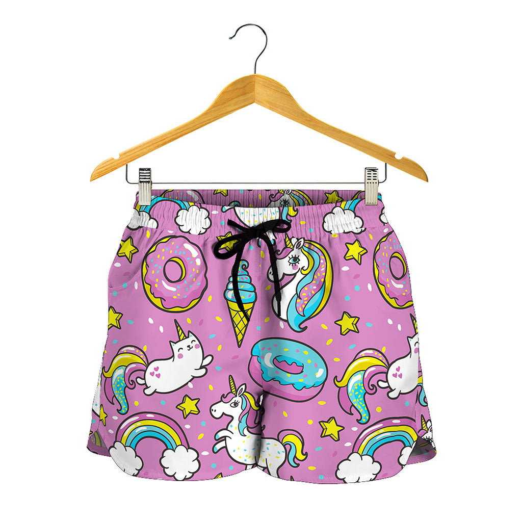 Pink Girly Unicorn Donut Pattern Print Women's Shorts