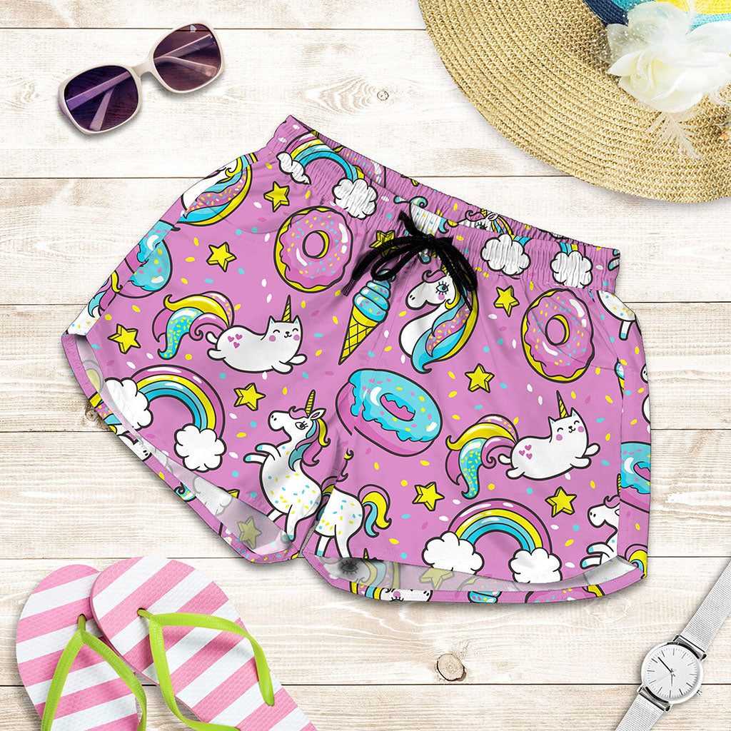 Pink Girly Unicorn Donut Pattern Print Women's Shorts