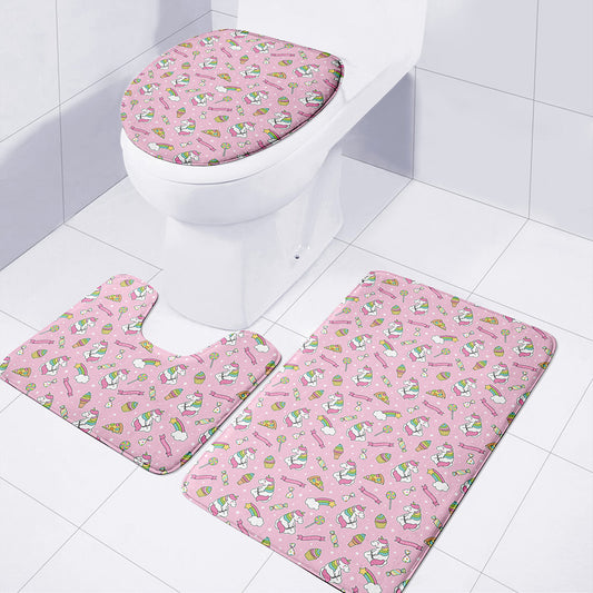 Pink Girly Unicorn Pattern Print 3 Piece Bath Mat Set