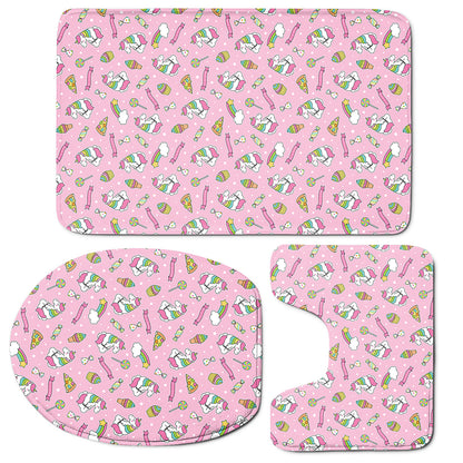 Pink Girly Unicorn Pattern Print 3 Piece Bath Mat Set