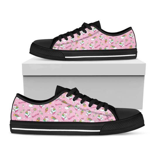Pink Girly Unicorn Pattern Print Black Low Top Shoes