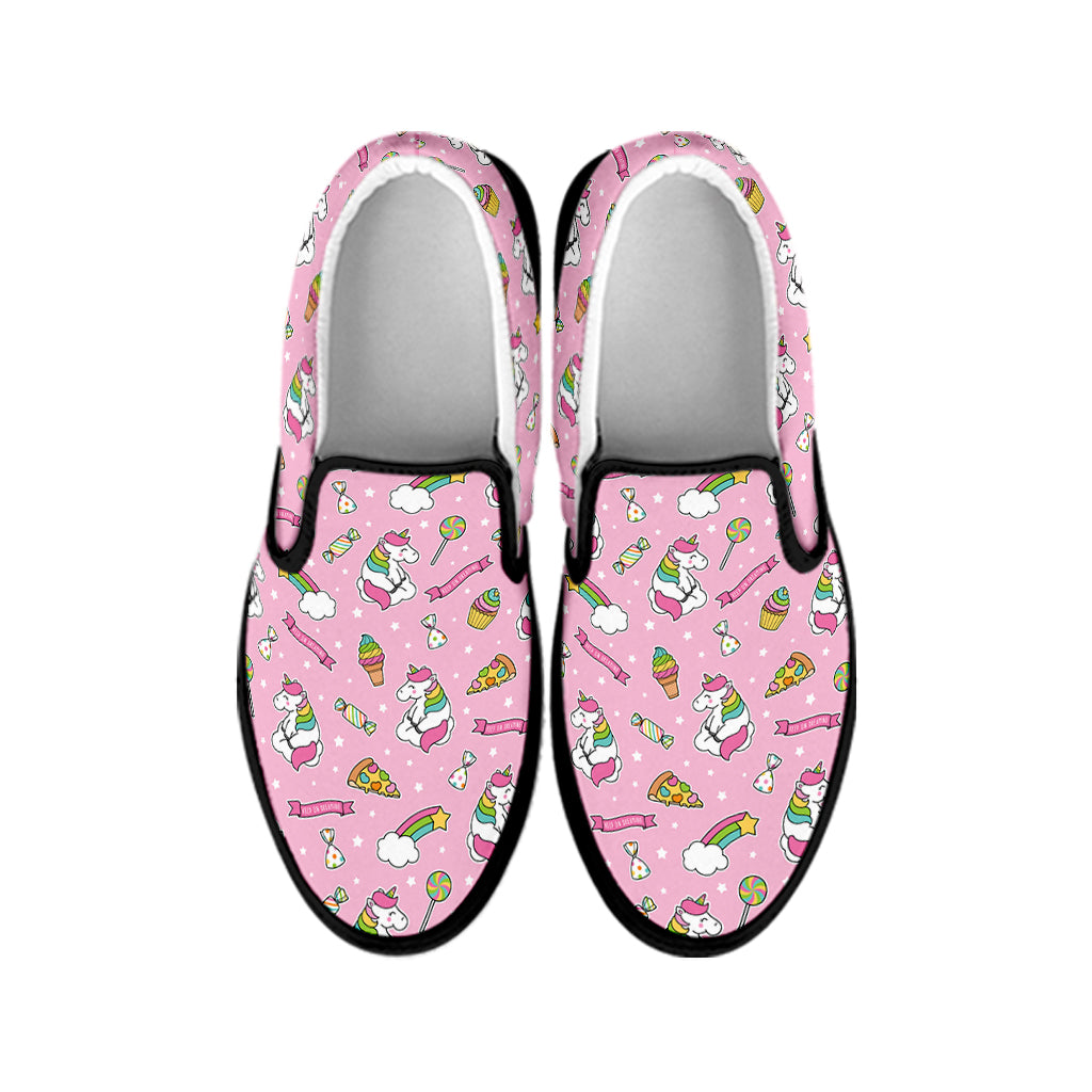 Pink Girly Unicorn Pattern Print Black Slip On Shoes