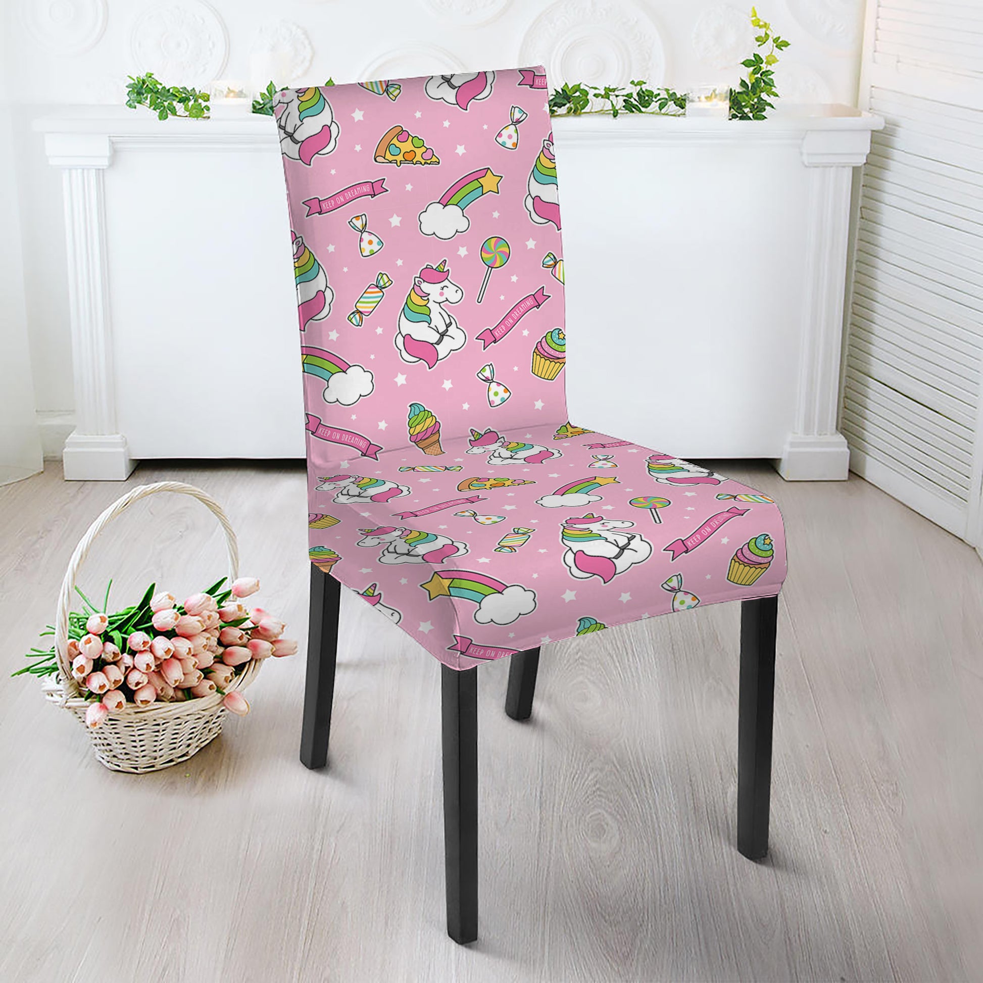 Pink Girly Unicorn Pattern Print Dining Chair Slipcover