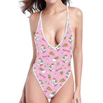 Pink Girly Unicorn Pattern Print One Piece High Cut Swimsuit