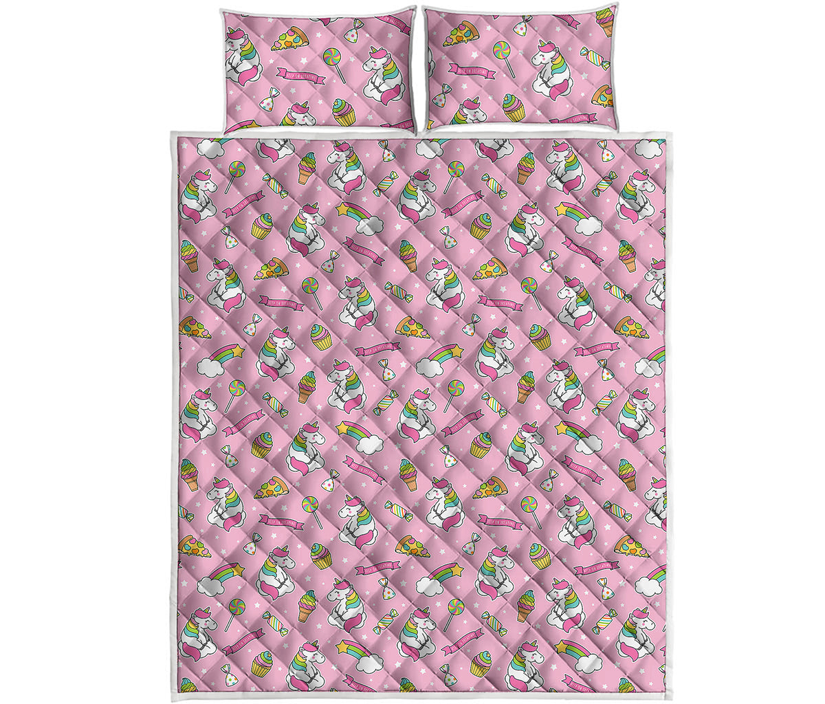 Pink Girly Unicorn Pattern Print Quilt Bed Set
