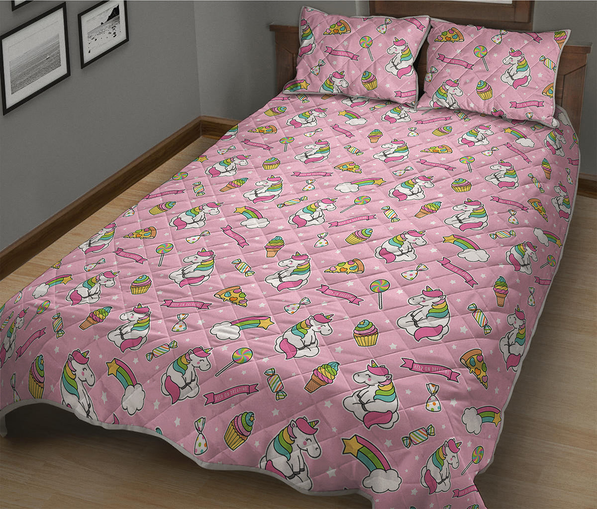Pink Girly Unicorn Pattern Print Quilt Bed Set