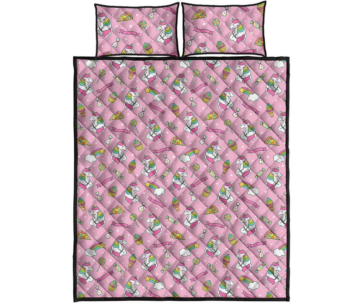 Pink Girly Unicorn Pattern Print Quilt Bed Set