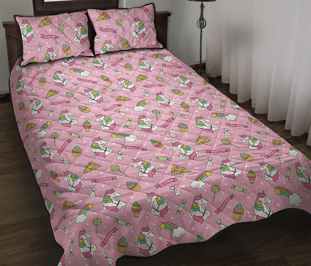 Pink Girly Unicorn Pattern Print Quilt Bed Set
