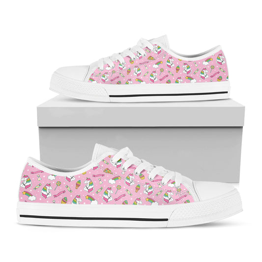 Pink Girly Unicorn Pattern Print White Low Top Shoes