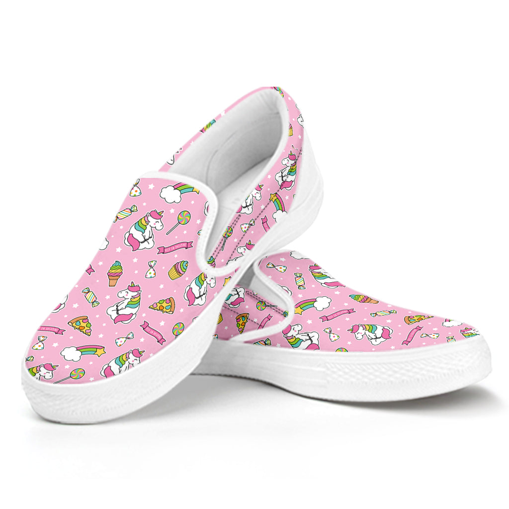 Pink Girly Unicorn Pattern Print White Slip On Shoes