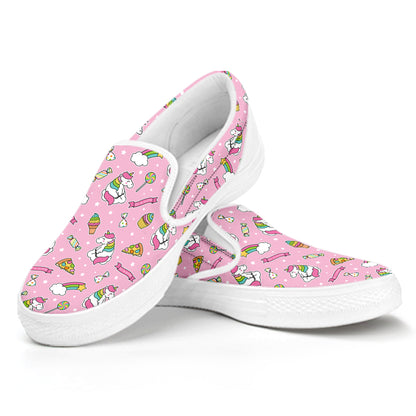 Pink Girly Unicorn Pattern Print White Slip On Shoes