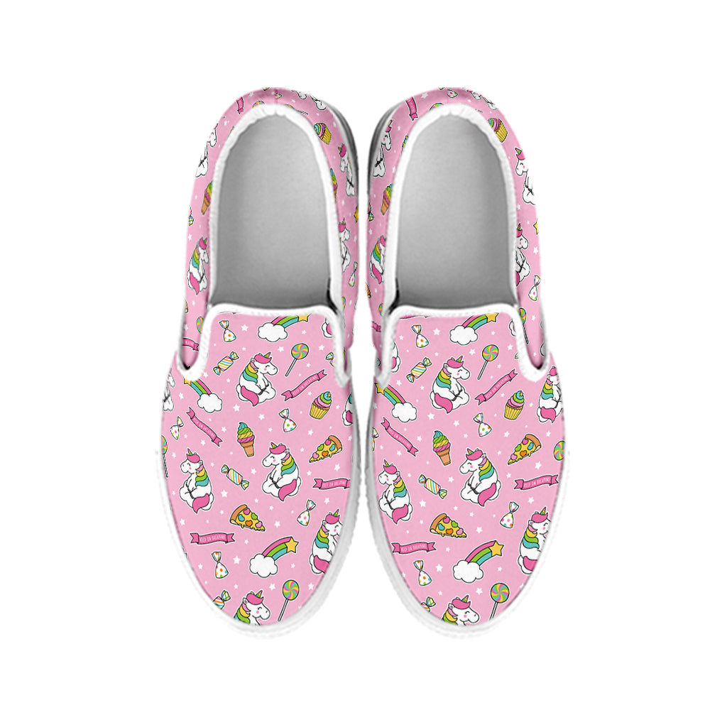 Pink Girly Unicorn Pattern Print White Slip On Shoes