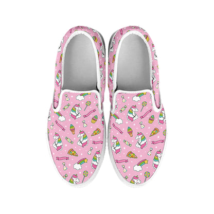 Pink Girly Unicorn Pattern Print White Slip On Shoes