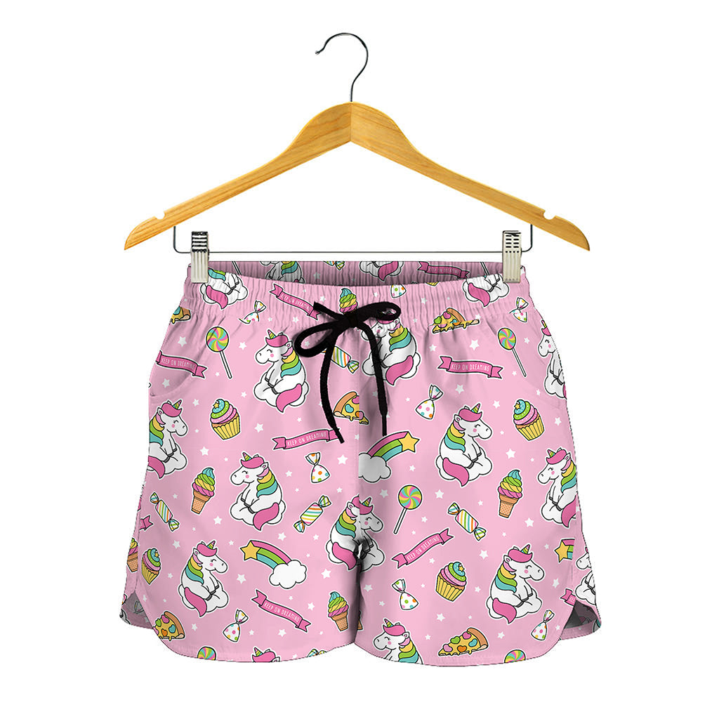 Pink Girly Unicorn Pattern Print Women's Shorts