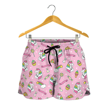 Pink Girly Unicorn Pattern Print Women's Shorts