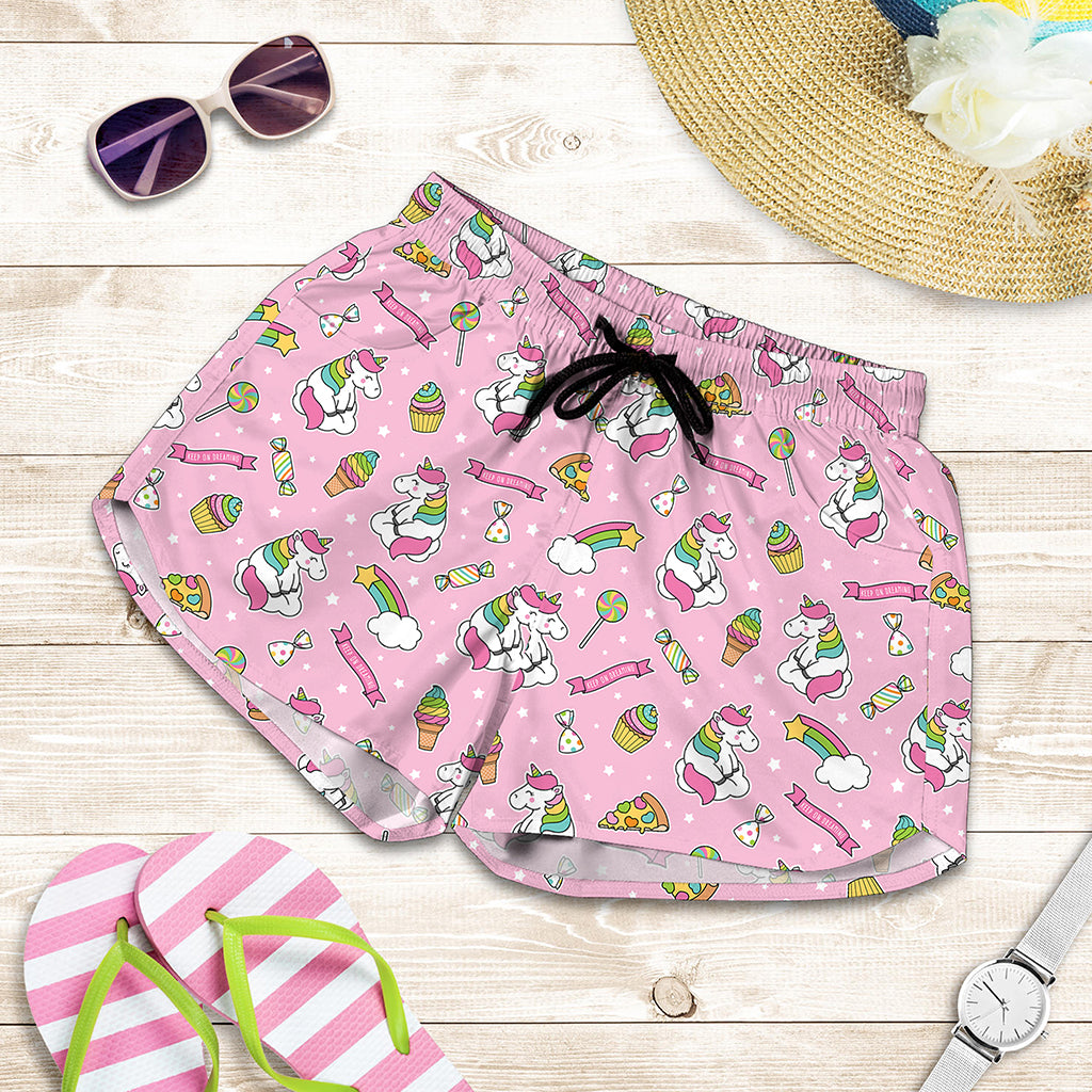 Pink Girly Unicorn Pattern Print Women's Shorts